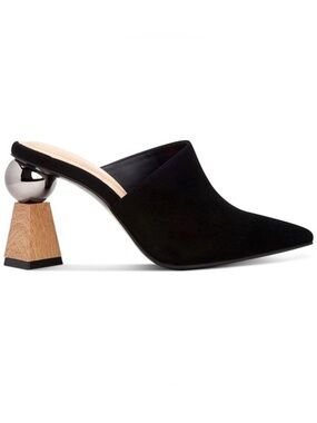 Alfani Black Pointed Suede Mule with Sculptural Wood & Shiny Metallic Heel